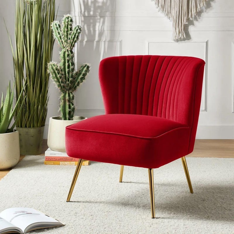 Comfynest Velvet Accent Chair – Channel-Tufted Barrel Chair with Gold Metal Legs (Red) - Image 1